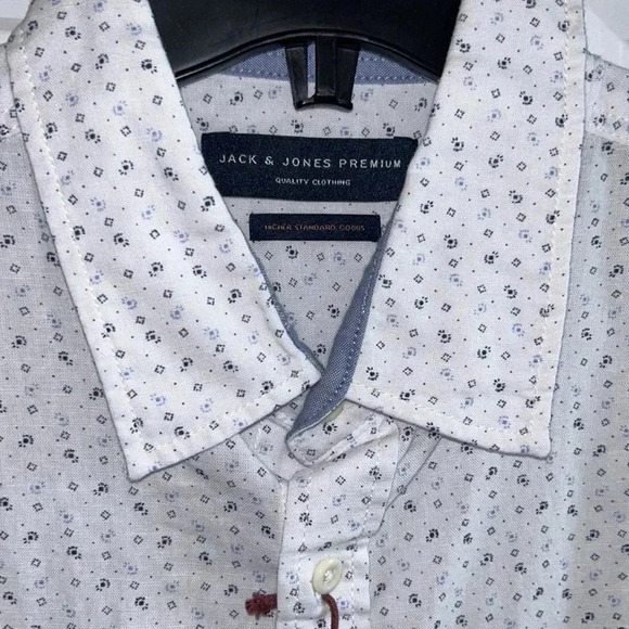 JACK&JONES L linen cotton blend short sleeve  white print button down shirt - Picture 5 of 16